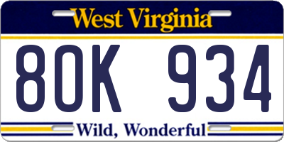 WV license plate 8OK934