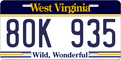 WV license plate 8OK935