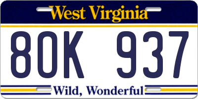 WV license plate 8OK937