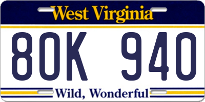 WV license plate 8OK940
