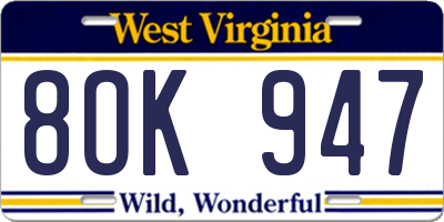 WV license plate 8OK947