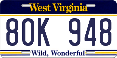 WV license plate 8OK948