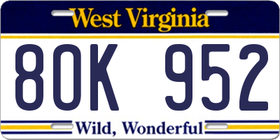 WV license plate 8OK952