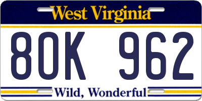 WV license plate 8OK962