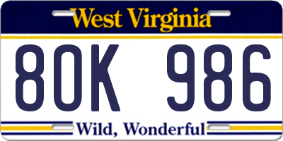 WV license plate 8OK986