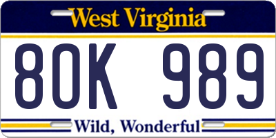 WV license plate 8OK989
