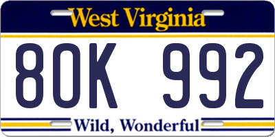 WV license plate 8OK992