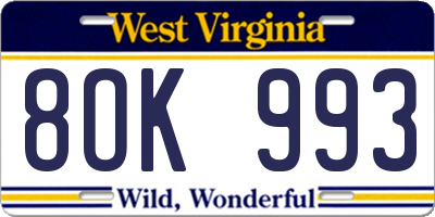 WV license plate 8OK993
