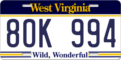 WV license plate 8OK994