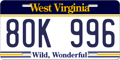 WV license plate 8OK996