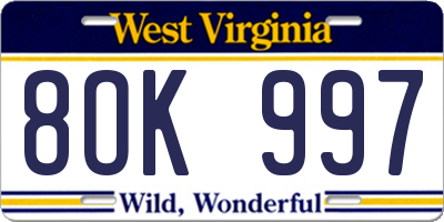 WV license plate 8OK997