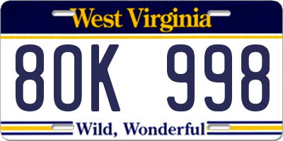WV license plate 8OK998