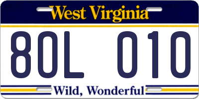 WV license plate 8OL010