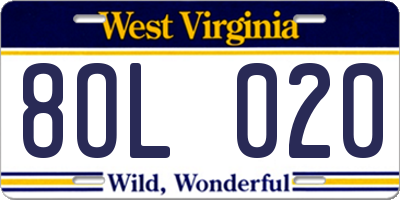 WV license plate 8OL020