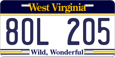 WV license plate 8OL205