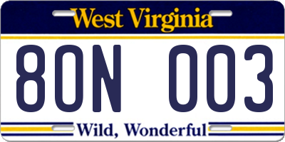 WV license plate 8ON003