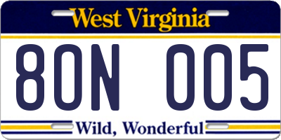 WV license plate 8ON005