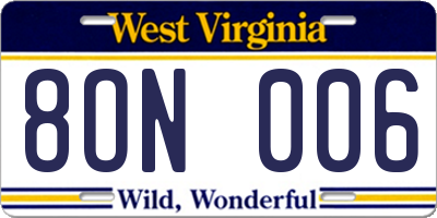 WV license plate 8ON006