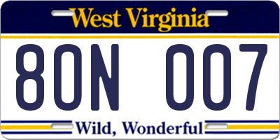 WV license plate 8ON007