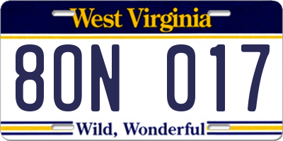 WV license plate 8ON017