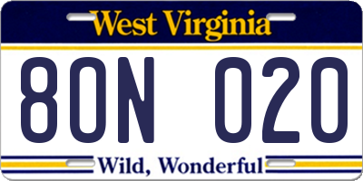 WV license plate 8ON020