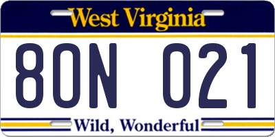 WV license plate 8ON021