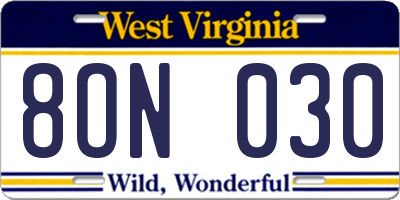 WV license plate 8ON030