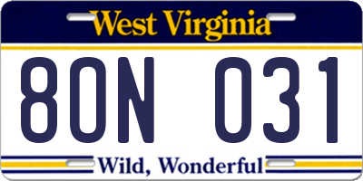 WV license plate 8ON031