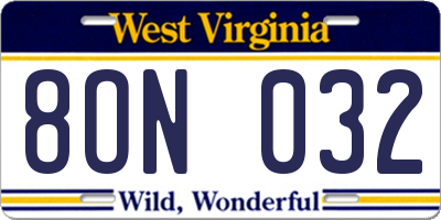 WV license plate 8ON032