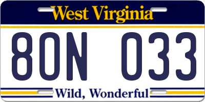 WV license plate 8ON033