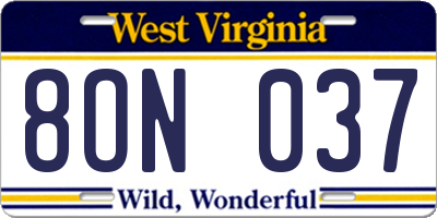 WV license plate 8ON037