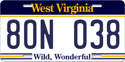 WV license plate 8ON038
