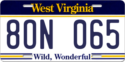 WV license plate 8ON065