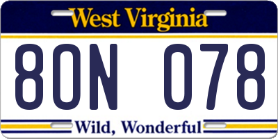 WV license plate 8ON078