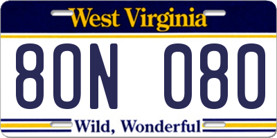 WV license plate 8ON080