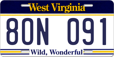 WV license plate 8ON091