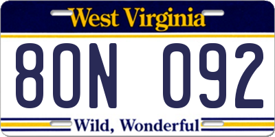 WV license plate 8ON092