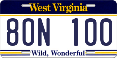 WV license plate 8ON100