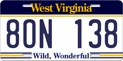 WV license plate 8ON138