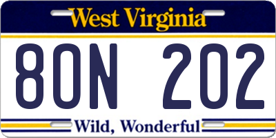 WV license plate 8ON202