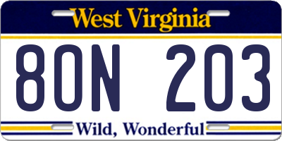 WV license plate 8ON203