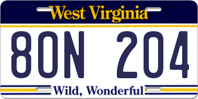 WV license plate 8ON204