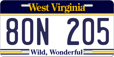 WV license plate 8ON205