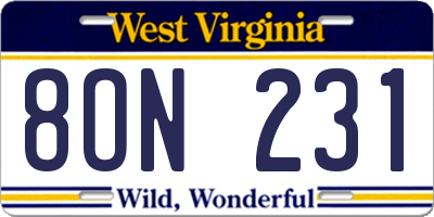 WV license plate 8ON231