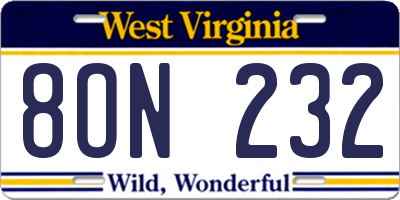 WV license plate 8ON232