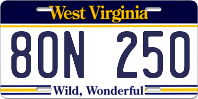 WV license plate 8ON250