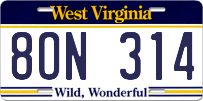 WV license plate 8ON314