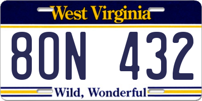 WV license plate 8ON432
