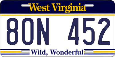 WV license plate 8ON452