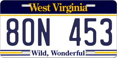 WV license plate 8ON453